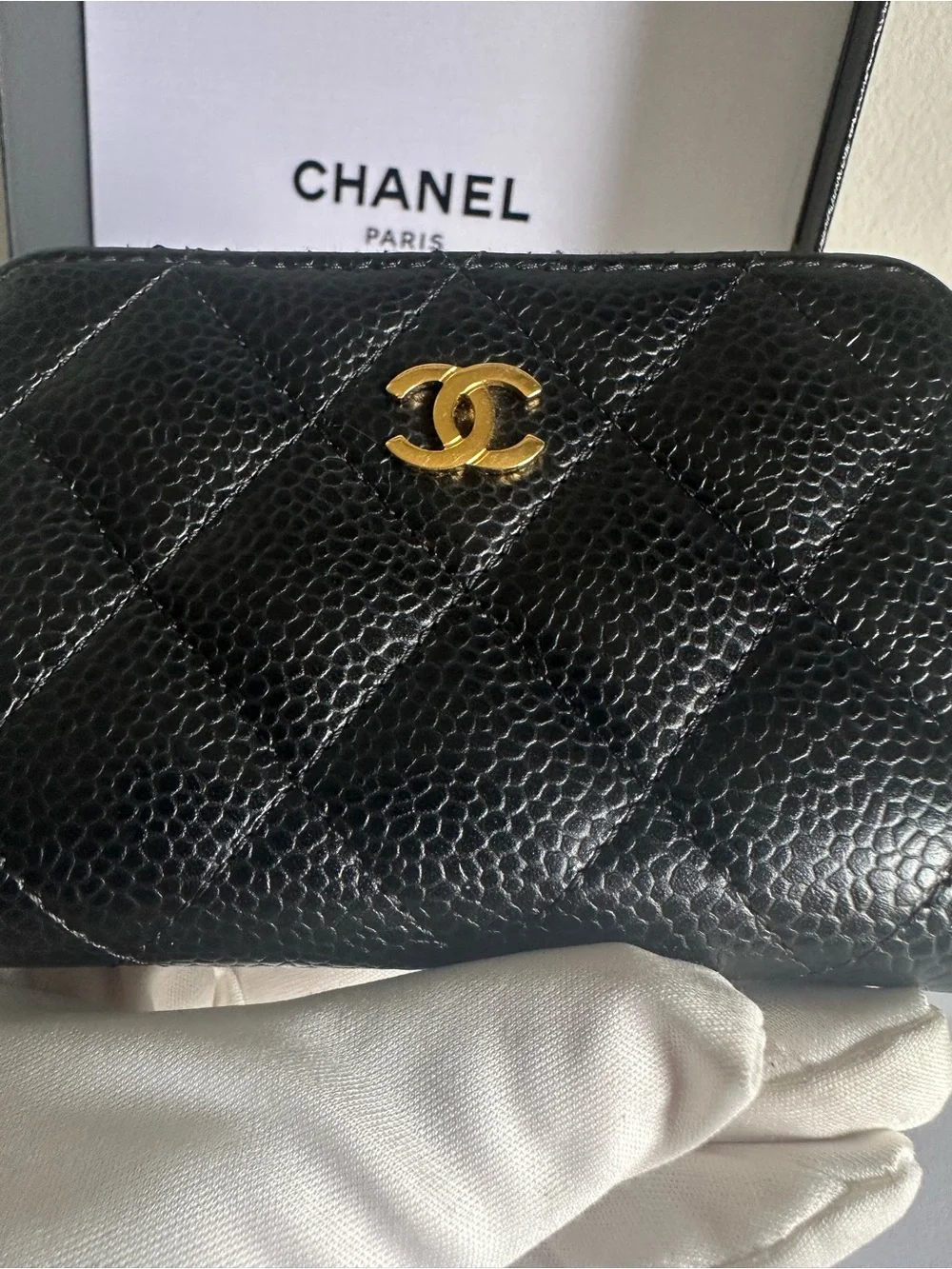 CHANEL 31-Series Black Caviar Quilted Zip Coin Purse Card Holder GHW